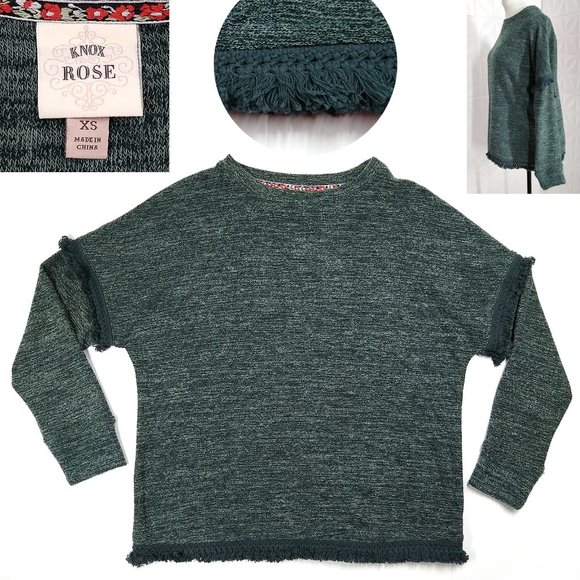 KNOX ROSE Fringed SWEATER Heathered Green French Terry: Oversized XS or Reg M - Picture 1 of 12